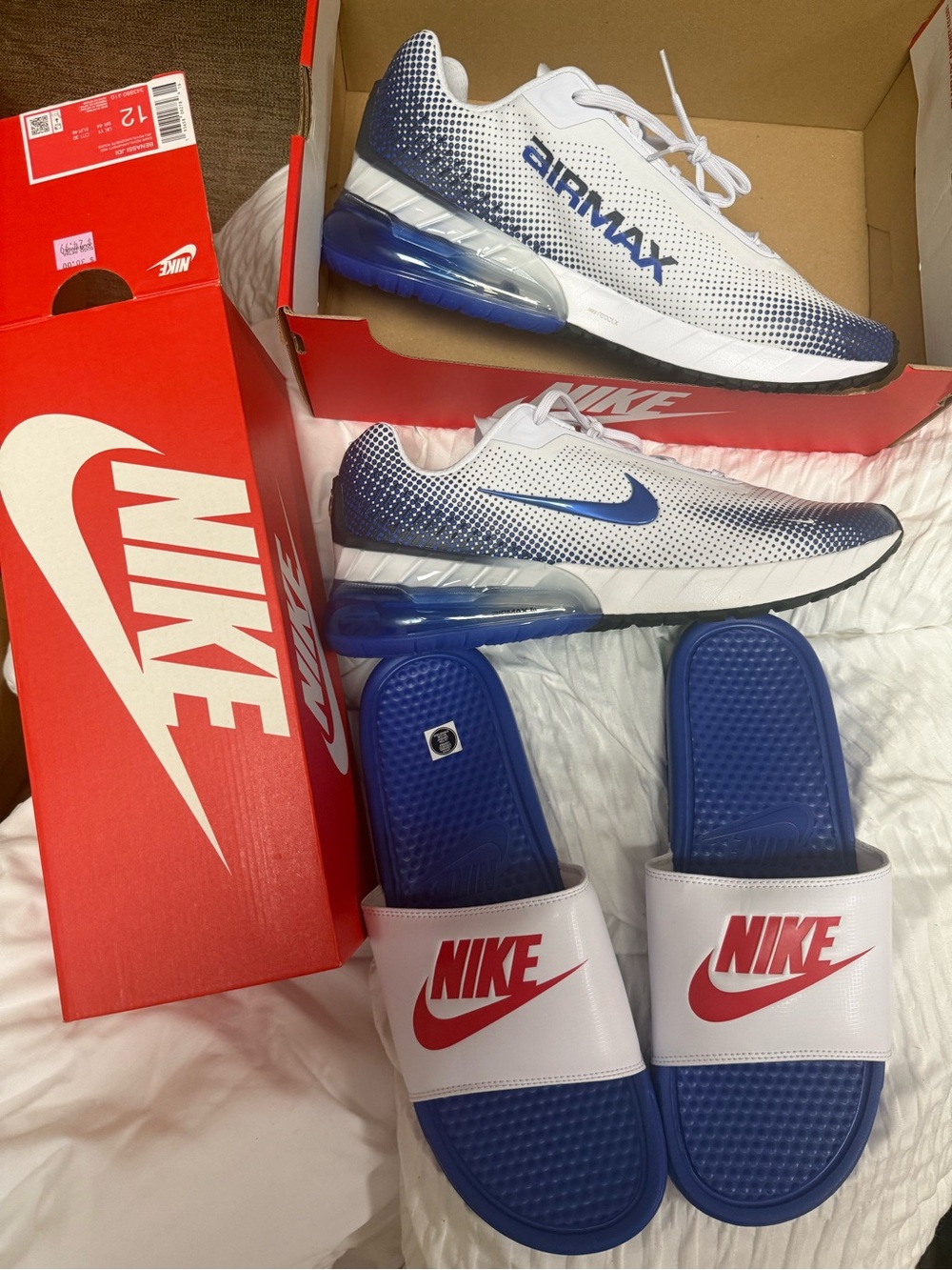 Nike White and Blue Air Max Sneakers with Blue Nike Slides both size 12 N I B